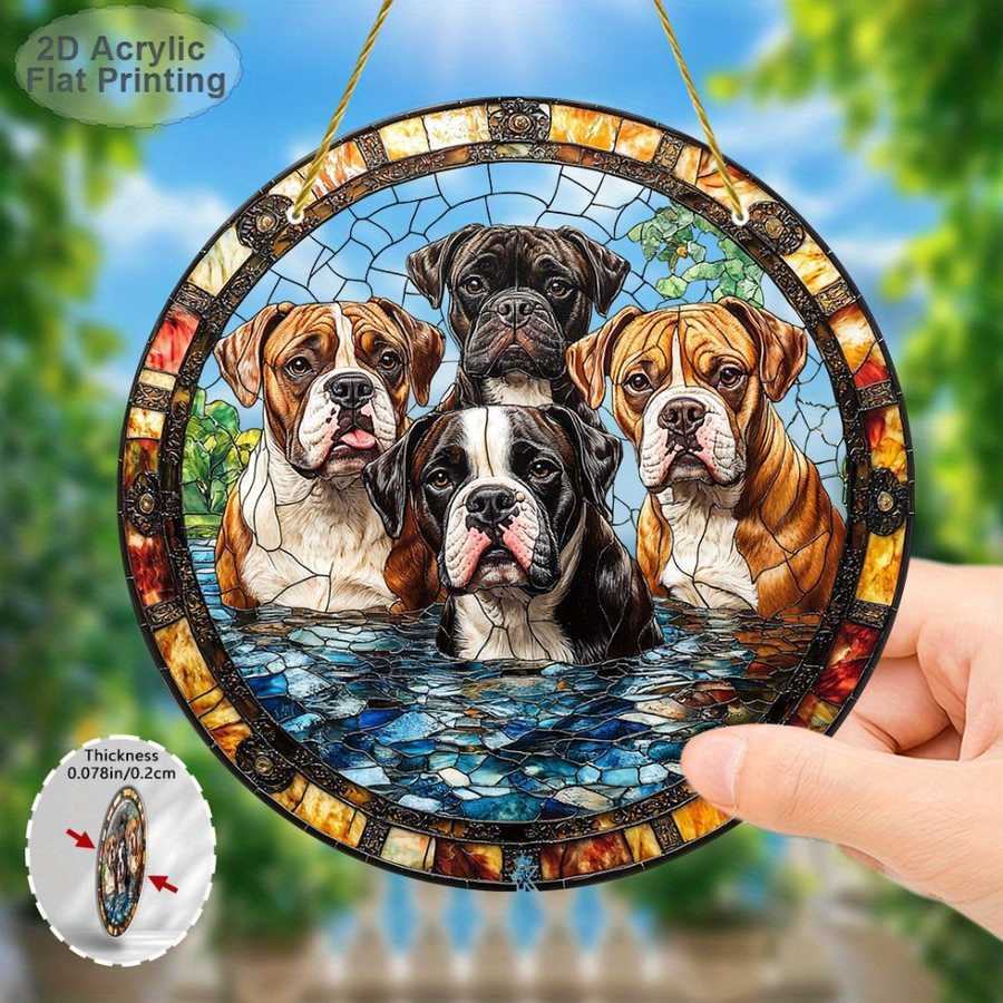 Close-up of Boxer Dog Wall Art with stained glass effect, highlighting detailed boxer dog imagery on durable acrylic for home decoration.