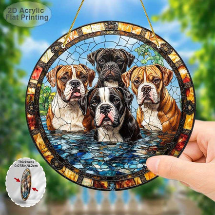 Close-up of Boxer Dog Wall Art with stained glass effect, highlighting detailed boxer dog imagery on durable acrylic for home decoration.