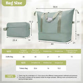 Measurement chart of a green duffel bag and toiletry bag with dimensions.