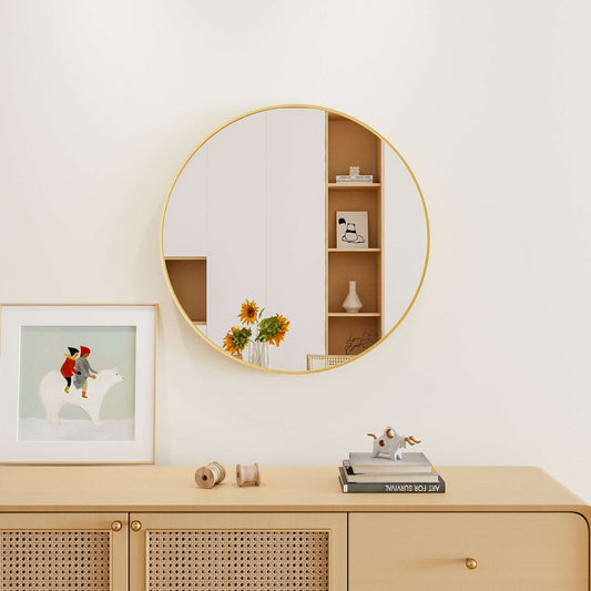 28" Wall Circle Mirror for Bathroom, Gold Round Mirror for Wall, 28-inch Hanging Round Mirror for Living Room, Vanity, Bedroom