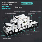 Toy truck with features and dimensions highlighted on a dark background