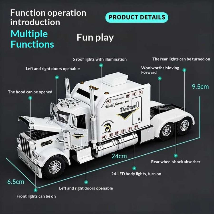 Toy truck with features and dimensions highlighted on a dark background