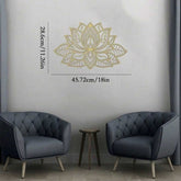Iron Mandala Lotus Wall Art with dimensions 45.72cm x 28.6cm shown between two gray chairs. Ideal for small zen-themed spaces.