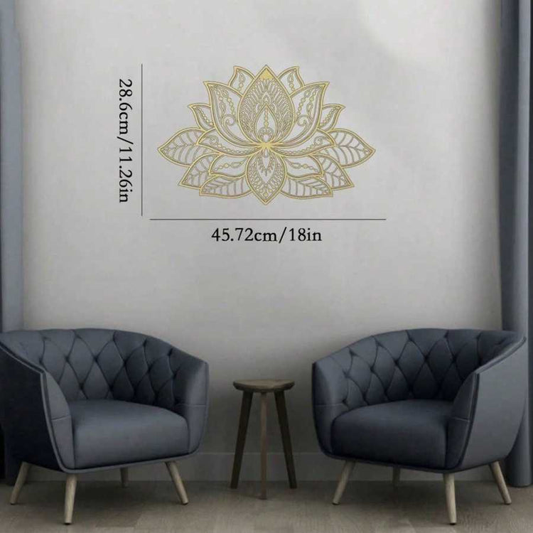 Iron Mandala Lotus Wall Art with dimensions 45.72cm x 28.6cm shown between two gray chairs. Ideal for small zen-themed spaces.