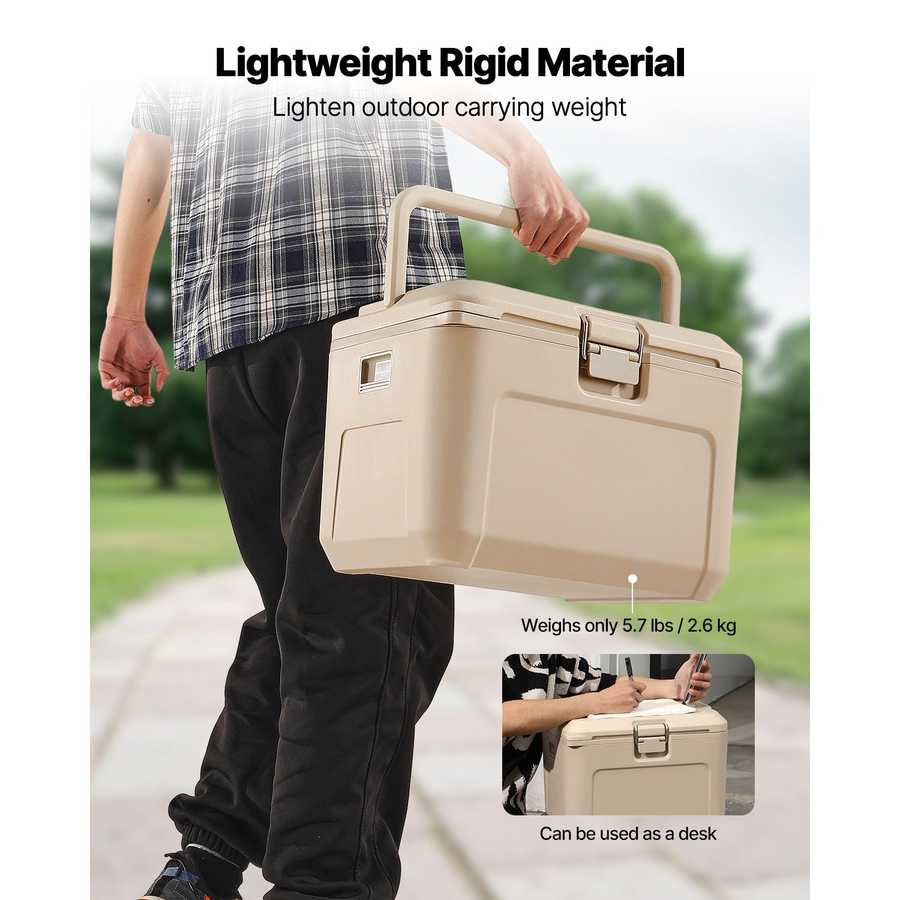 Person carrying a beige cooler box with text highlighting its lightweight rigid material and portability.