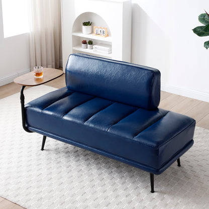 55"Inch Width Modern End of Bed Bench,Blue Faux Leather Upholstered With side table, 360-degree Swivel tray couch,Entryway Ottoman MLNshops]