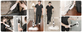A 7-panel collage demonstrating a cordless floor care product in use by multiple people. The product is shown vacuuming hardwood floors, steaming down a dark surface, cleaning a carpeted floor, and being held by a person in a home interior setting.