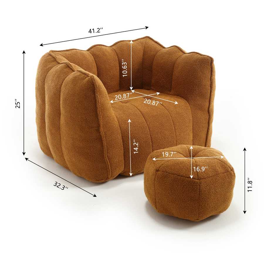Brown pet bed with ottoman and measurements on a white background