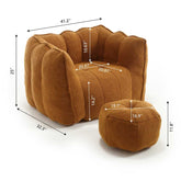 Brown pet bed with ottoman and measurements on a white background