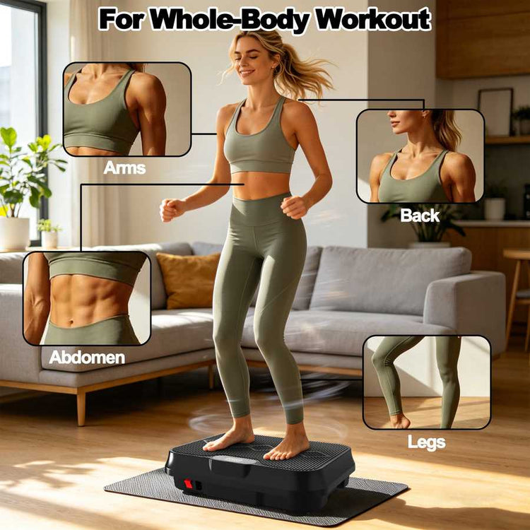 Woman standing on vibration plate for abdominal workout