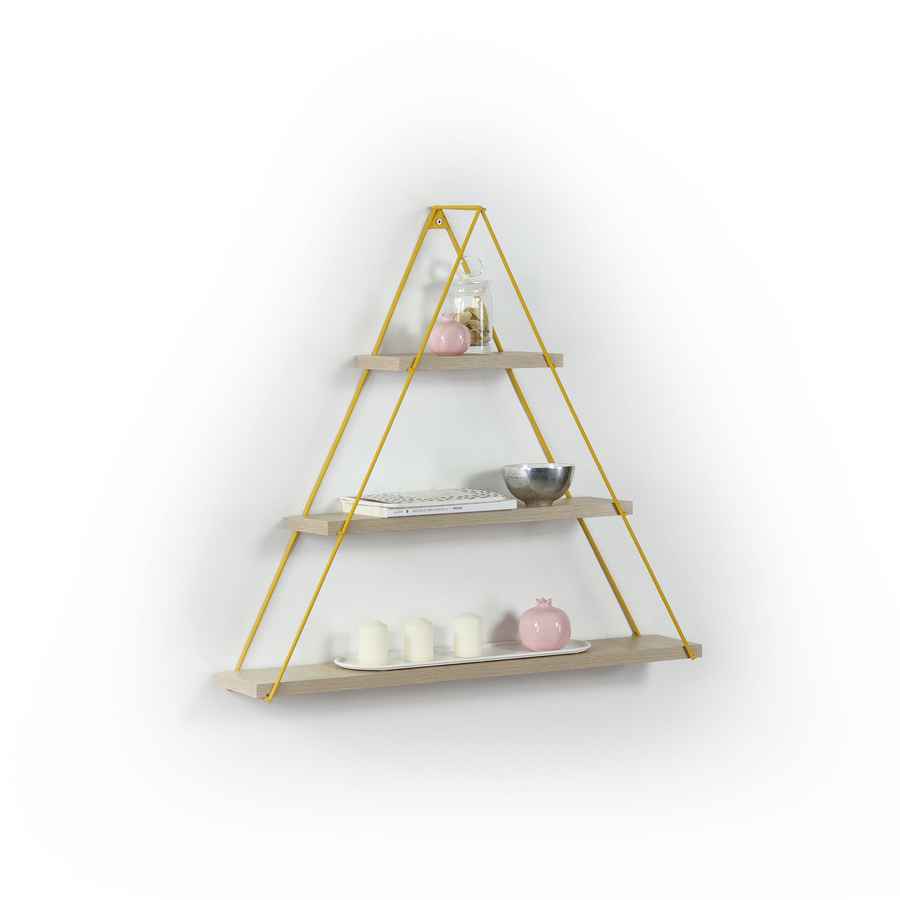 Triangular wall shelf with gold frame and decorative items on a white background