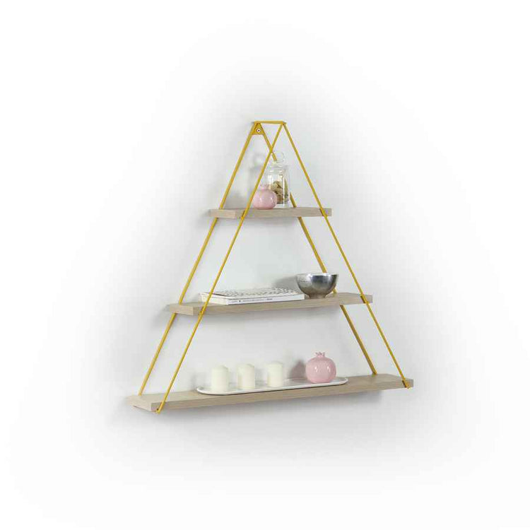 Triangular wall shelf with gold frame and decorative items on a white background