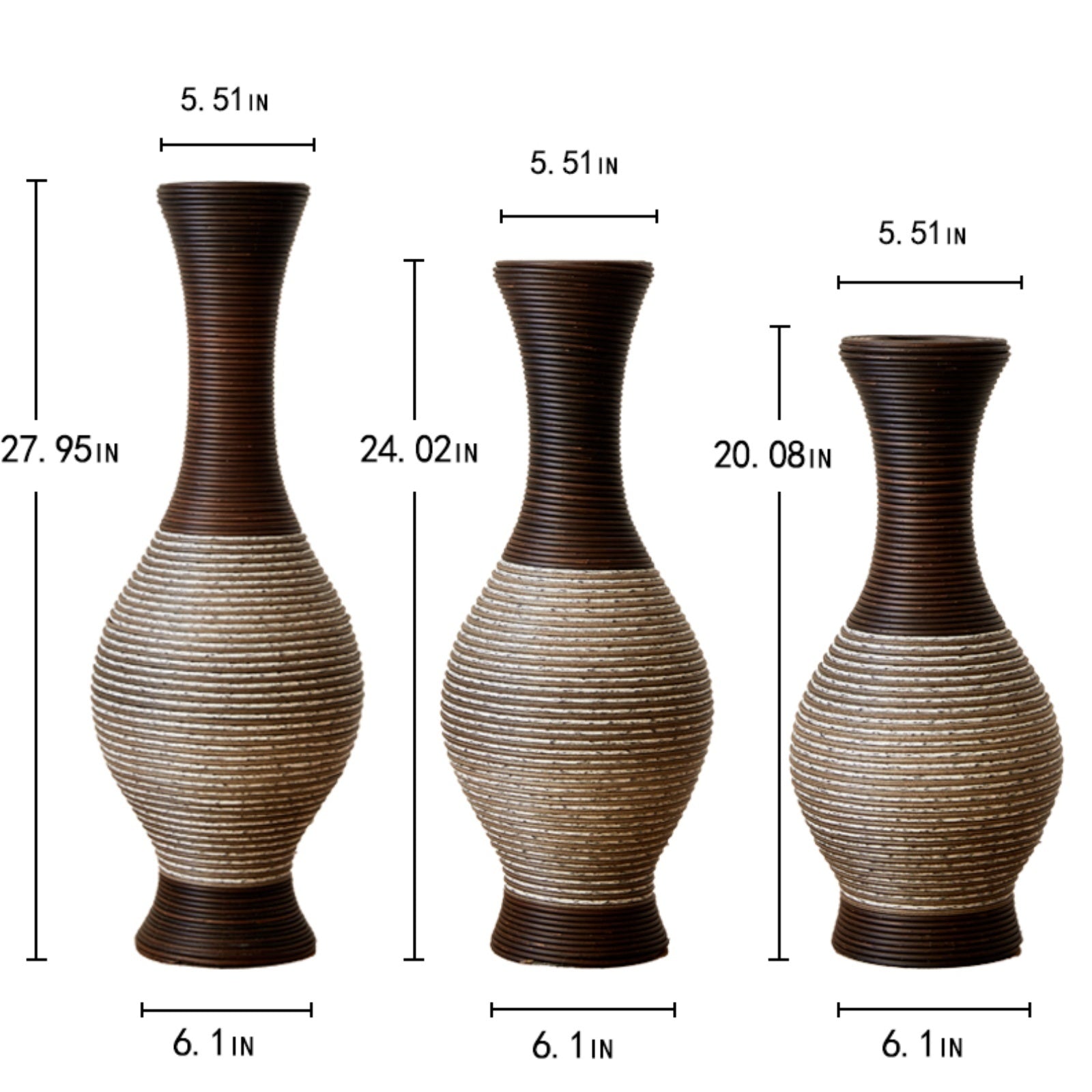 Dimensional view of brown floor vase set of 3 with height and width measurements, ideal for home décor and flower arrangements.