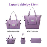 Purple expandable bag shown before and after expansion on a white background