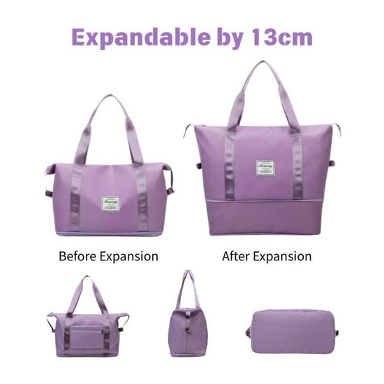 Purple expandable bag shown before and after expansion on a white background
