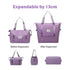 Purple expandable bag shown before and after expansion on a white background