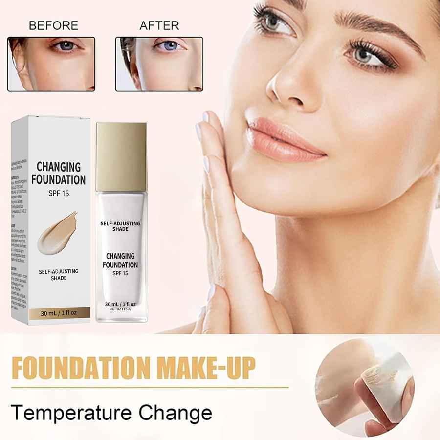 A beauty product advertisement for Changing Foundation SPF 15, showing the product box and bottle alongside a large model photo demonstrating skin appearance before and after application. Text at the bottom reads &