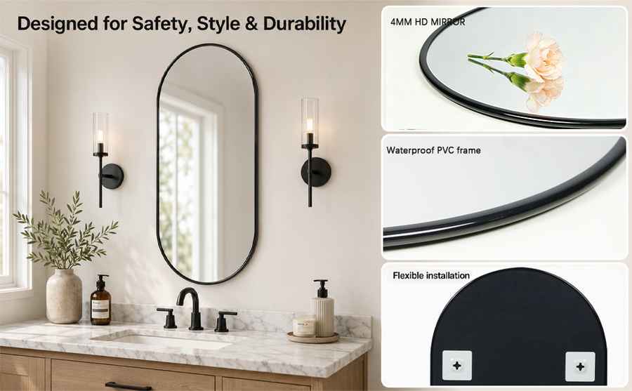 Bathroom vanity with round mirror, light fixture, and decorative elements on a white wall.