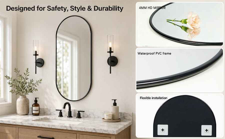 Bathroom vanity with round mirror, light fixture, and decorative elements on a white wall.