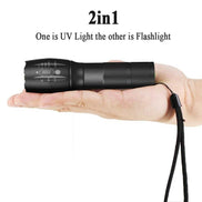Compact LED UV Flashlight Detection Lamp fits in hand, featuring dual-mode UV and white light for versatile handheld use.