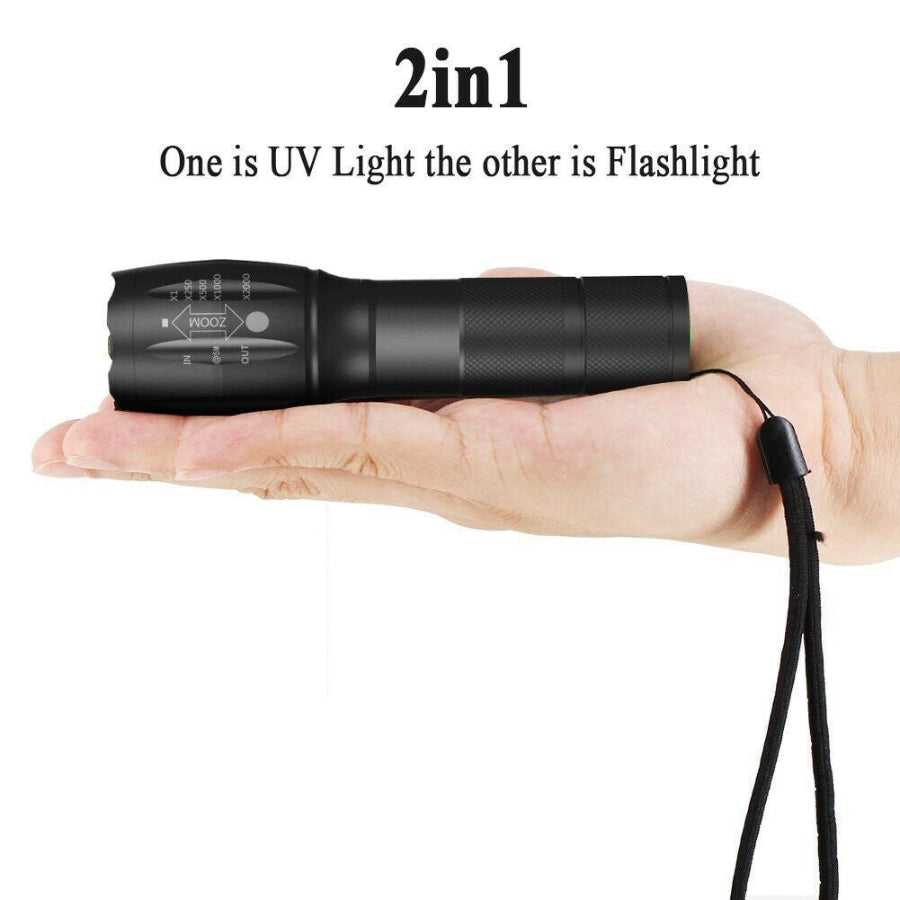 Compact LED UV Flashlight Detection Lamp fits in hand, featuring dual-mode UV and white light for versatile handheld use.