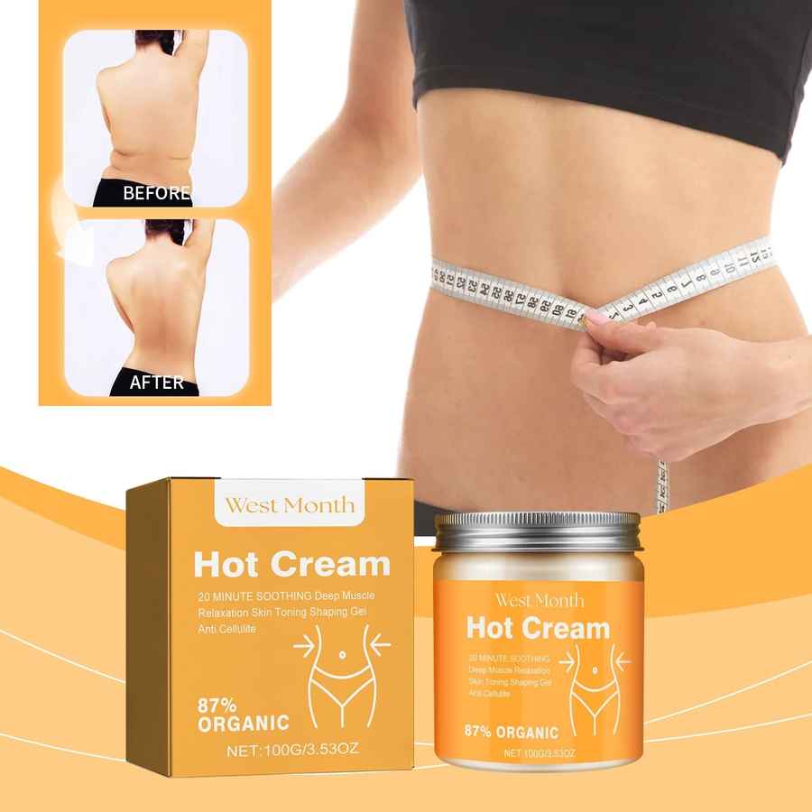 West Month Hot Cream packaging with a before-and-after image on an orange background