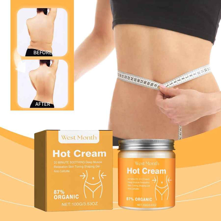 West Month Hot Cream packaging with a before-and-after image on an orange background
