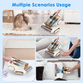 Cordless Mattress Vacuum Cleaner used on sofa, mattress, and pet areas, suitable for various home cleaning scenarios.