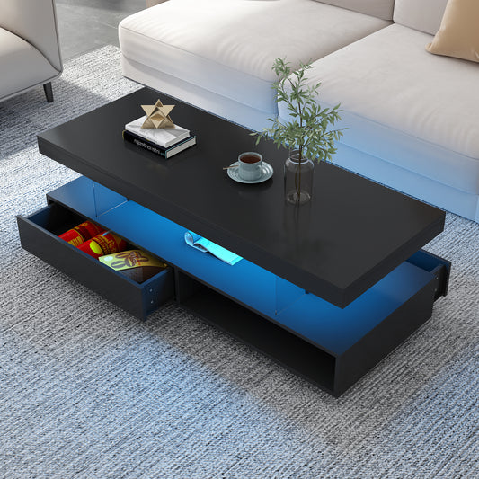 U-Can LED Coffee Table with Storage, Modern Center Table with 2 Drawers and Display Shelves, Accent Furniture with LED Lights for Living Room,Black MLNshops]