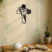 Metal Cross Wall Art Decor with Jesus silhouette in a tea room setting. Versatile iron wall art for spiritual and decorative ambiance.