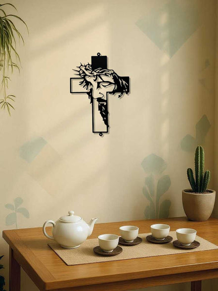 Metal Cross Wall Art Decor with Jesus silhouette in a tea room setting. Versatile iron wall art for spiritual and decorative ambiance.