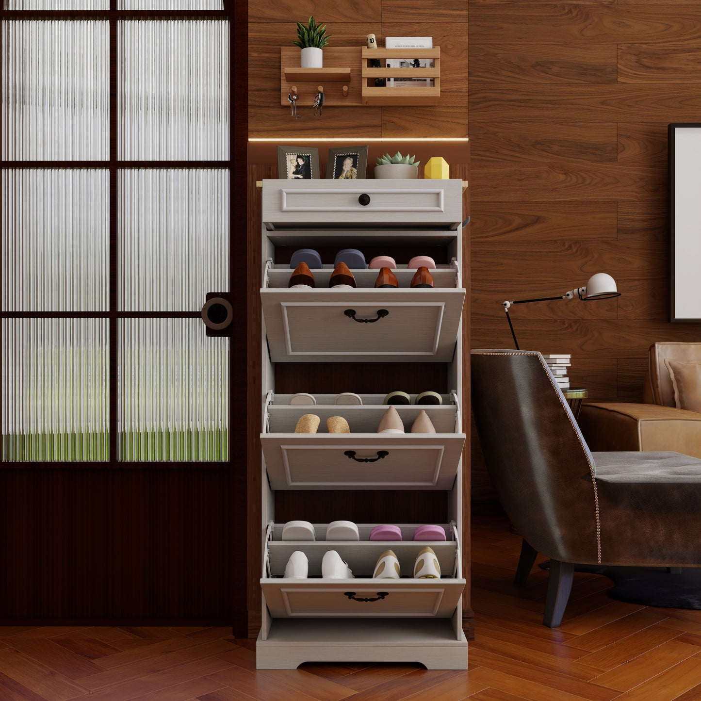 Shoe Storage Cabinet with 1 Drawer, 3 Flip Drawers, Freestanding Shoe Cabinet Organizer with Adjustable Shelf, Shoe Cabinet for Entryway, Foyer, Slim Shoe Cabinet-Antique White