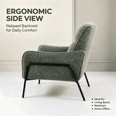 An ergonomic side-view lounge chair with a textured sage green fabric and black metal legs, shown against a neutral beige background with promotional text overlays.