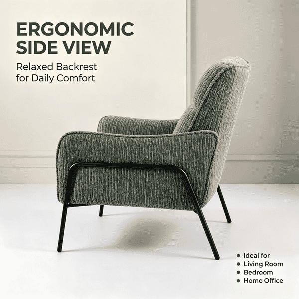 An ergonomic side-view lounge chair with a textured sage green fabric and black metal legs, shown against a neutral beige background with promotional text overlays.