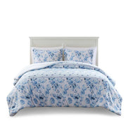 Twin Floral Striped Duvet Cover Set - Twin Duvet Cover Set Floral in blue and white with rose patterns, styled on a white bed frame.