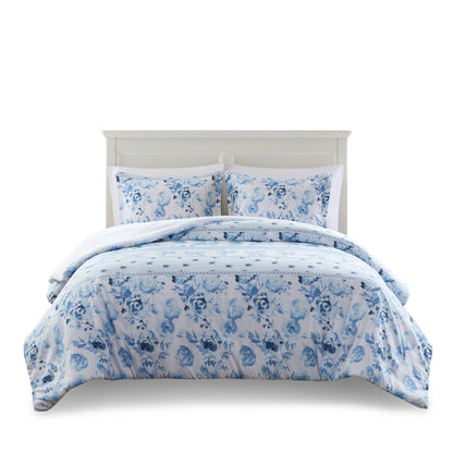 Twin Floral Striped Duvet Cover Set - Twin Duvet Cover Set Floral in blue and white with rose patterns, styled on a white bed frame.