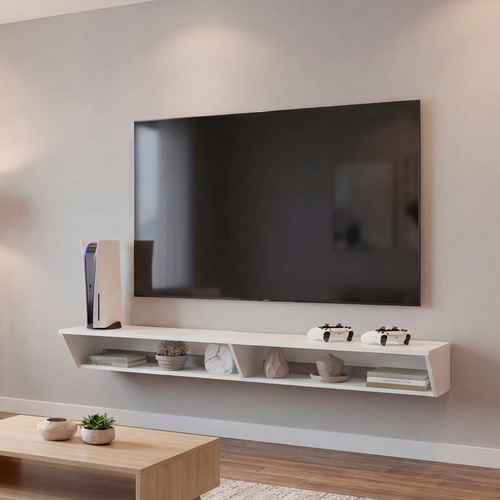Close-up of the black 65 inch TV stand with clean lines and smooth surface, mounted on a wall in a minimalist space.