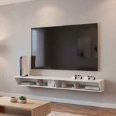 Close-up of the black 65 inch TV stand with clean lines and smooth surface, mounted on a wall in a minimalist space.