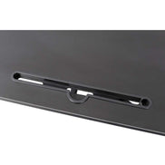 Close-up of cable management slot on adjustable height laptop desk, offering organized workspace functionality.