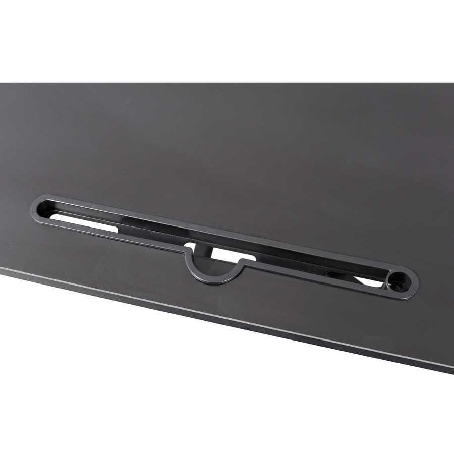 Close-up of cable management slot on adjustable height laptop desk, offering organized workspace functionality.