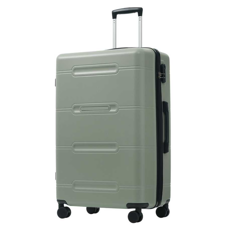 Gray suitcase with a black handle and wheels on a white background