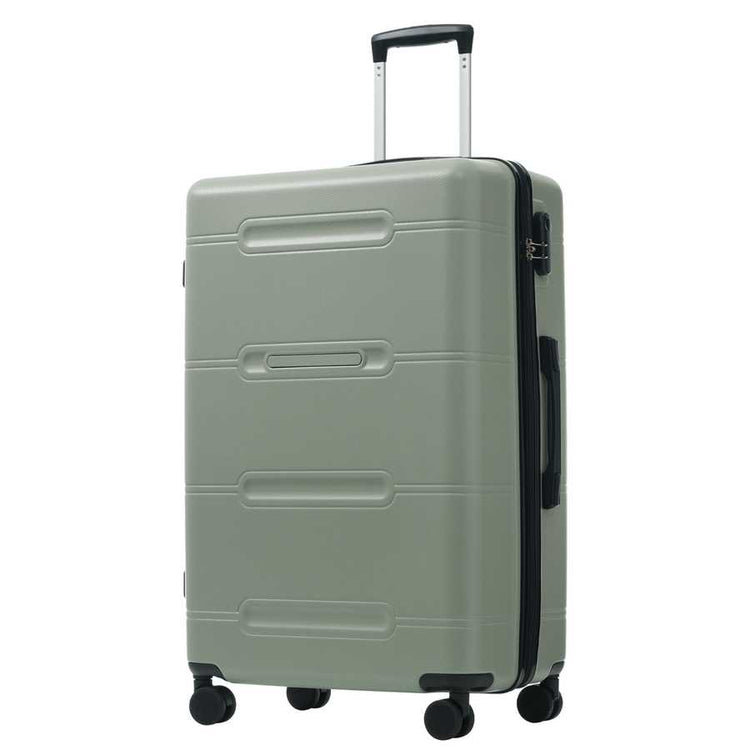 Gray suitcase with a black handle and wheels on a white background