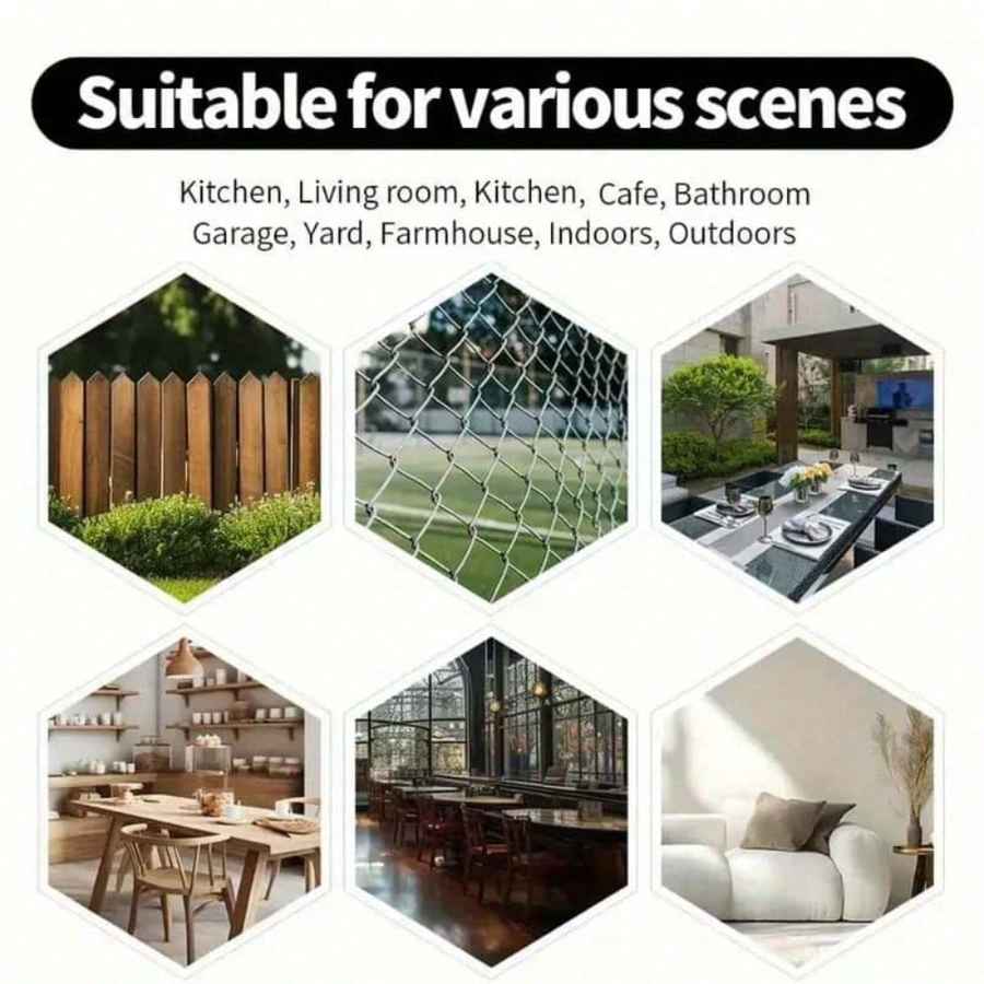 Hexagonal grid showing various scenes including kitchen, living room, cafe, and outdoor settings with text &