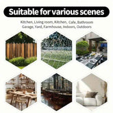 Hexagonal grid showing various scenes including kitchen, living room, cafe, and outdoor settings with text &