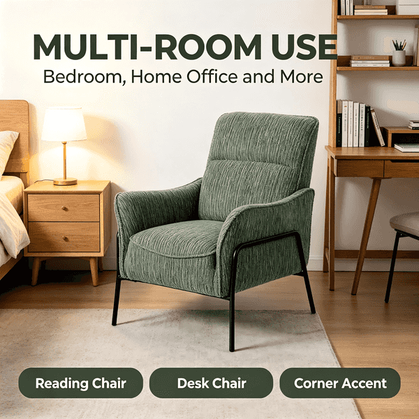 A green textured upholstered armchair with black metal legs is shown in a styled bedroom and home office setting. Large text at the top reads &