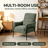 A green textured upholstered armchair with black metal legs is shown in a styled bedroom and home office setting. Large text at the top reads &