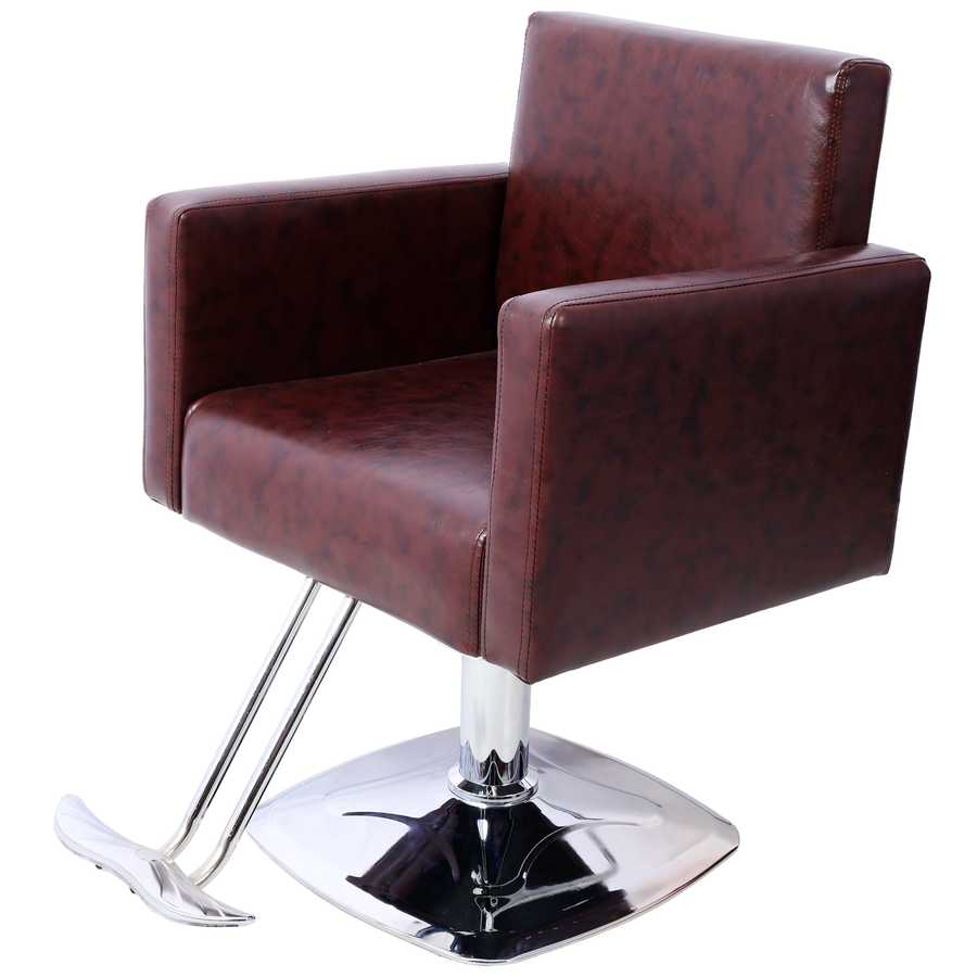 Salon chair in brown PU leather with ergonomic design and chrome hydraulic base, perfect for barber and beauty salon use.
