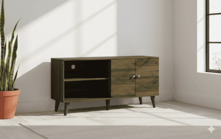 Close-up of dark wood TV stand with angled legs, showing the grain pattern and cabinet doors, in a well-lit room