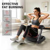 Woman using a home exercise device in a living room with text on effective fat burning.