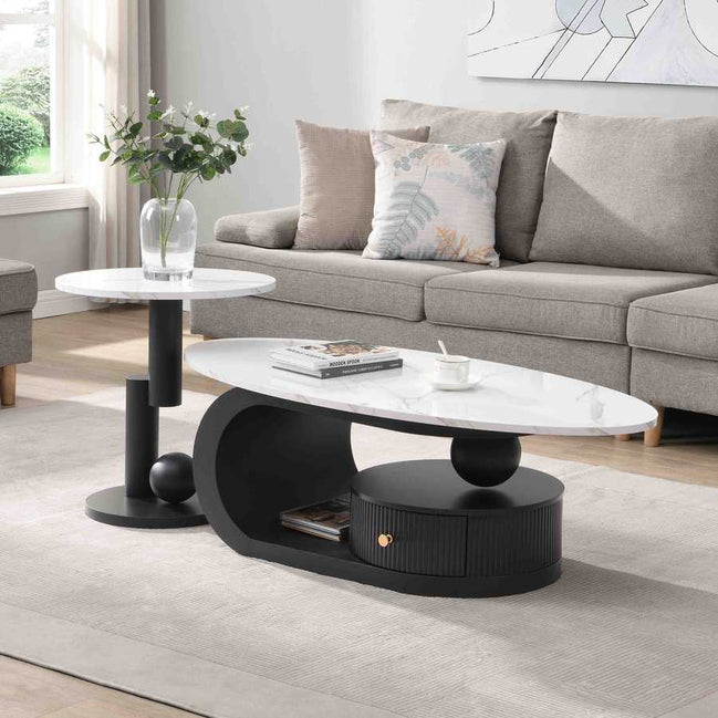 Nesting Coffee Table Set - Oval & Round | MDF+Iron in modern living room with gray sofa and decor. Stylish accent tables for contemporary interiors.